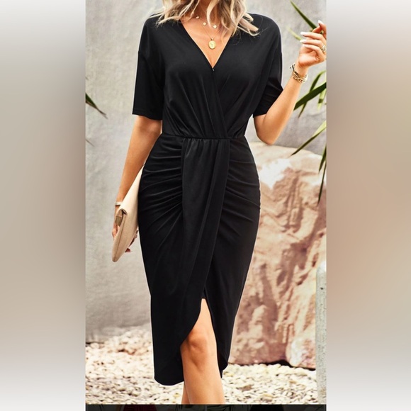 PrettyGarden Dresses & Skirts - Pretty Garden Flattering Rouched Elegant Black Dress Large Draped